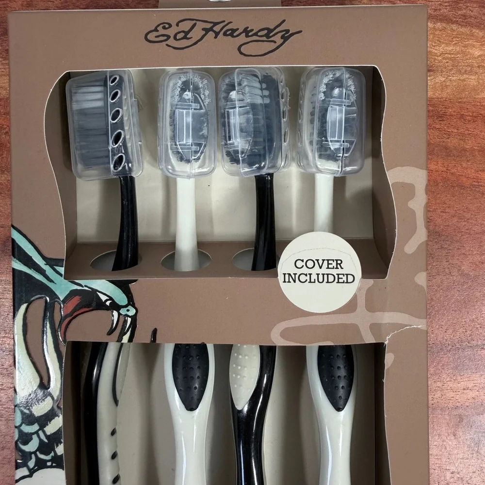 Ed Hardy Advanced Clean Toothbrushes 4 Pack Black White Tattoo Art New